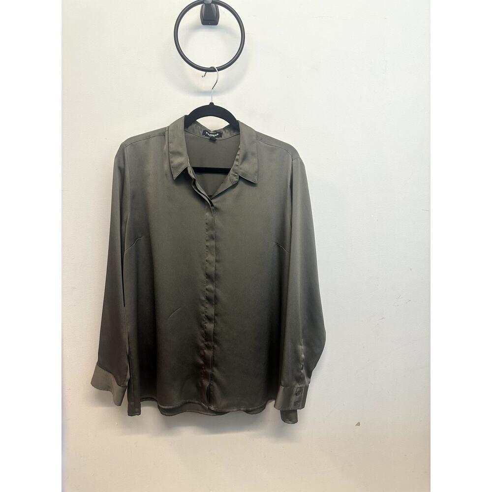 Express Women’s Portofino Shirt Original Fit Gray Green Button-Up Blouse Size XL